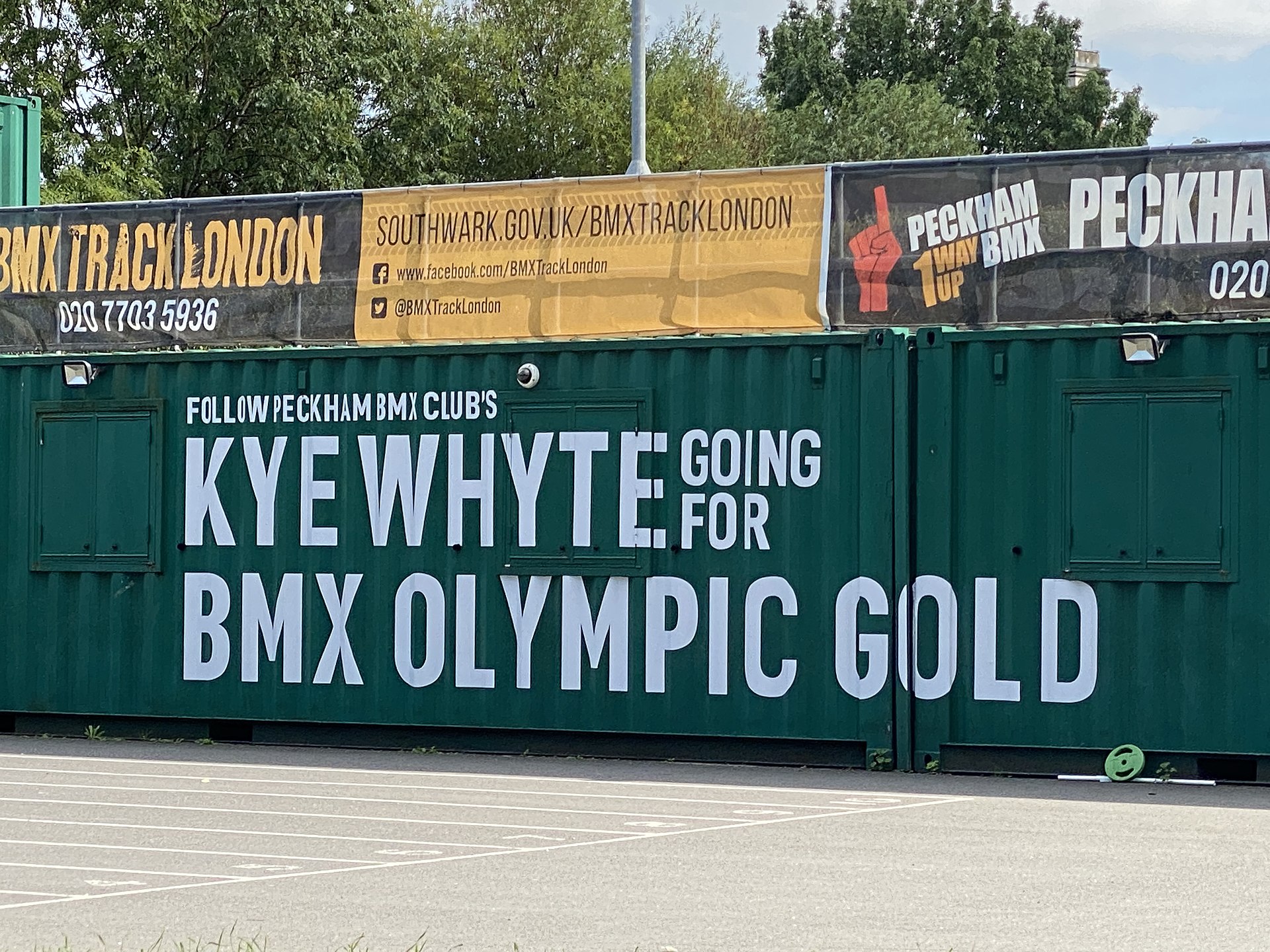 Sign on Peckham BMX track in Burgess Park supporting Kye in the 2020 Olympics
